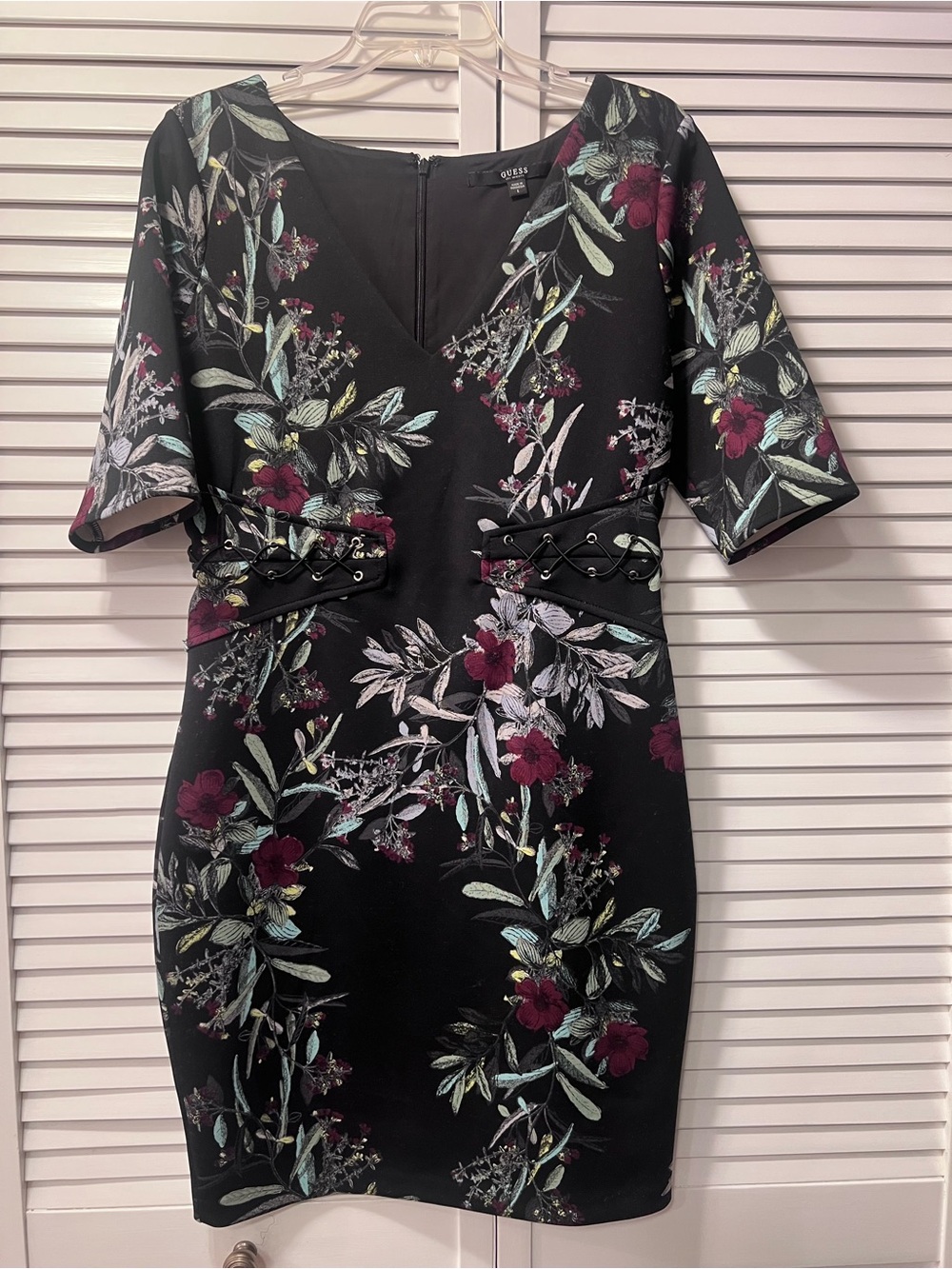 GUESS Black Floral Midi Dress with Burgundy and Sage Accents
